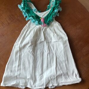Marks & Spencer Gauze White Dress with Green Fringe and Pink Parrot